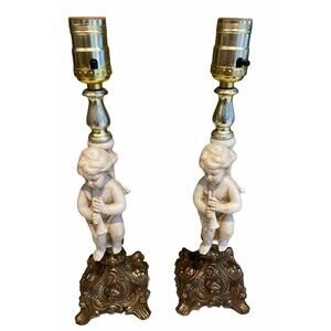 Set of 2 Mid Century Ornate Brass & Porcelain Bisque Cherub Lamp B.M. 313 Japan